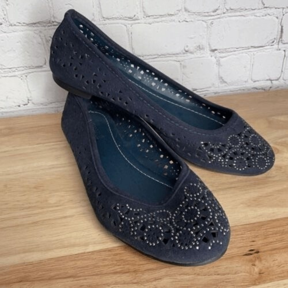Zanotti Laser Cut Out Navy Blue Studded Slip On Flats Women Size 38/US7.5
